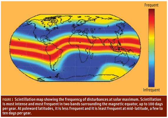 Scintillation map showing frequency of disturbances at solar maximum